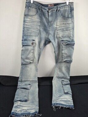 Light Wash Men's Cargo Jeans - Raw Hem, Vintage Fade